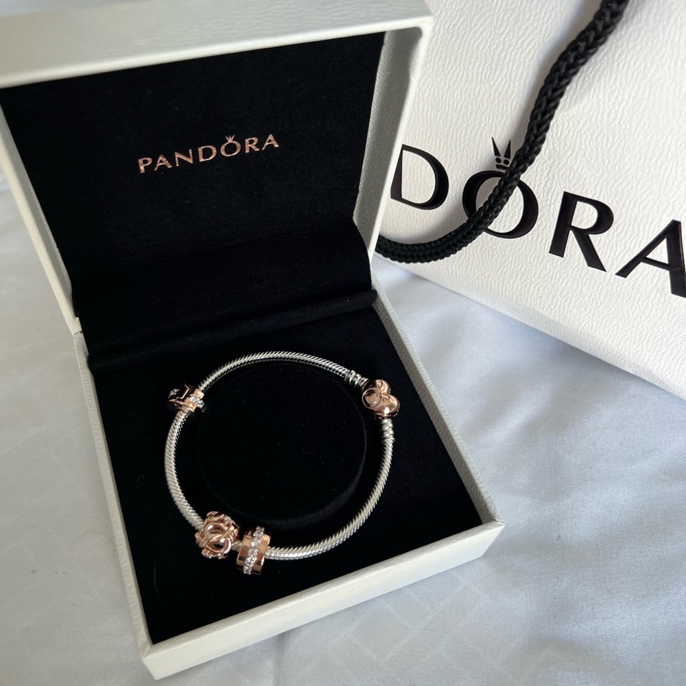 Pandora Moments Heart Clasp Snake Bracelet + 3 Additional Charms